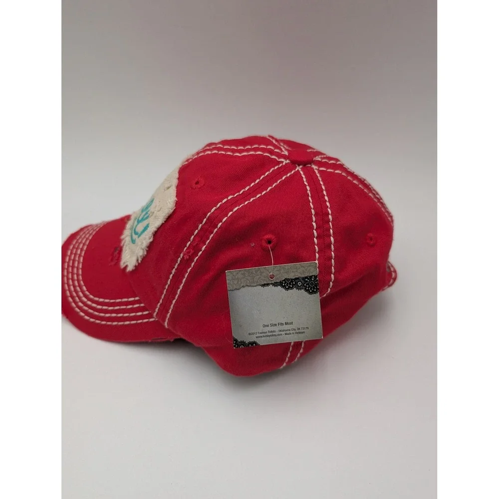 Hey Yall Distressed Vintage Southern Hat Stitch Baseball Cap Women OS Red NWT